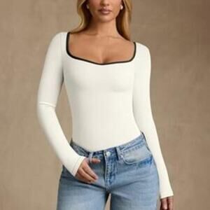 Women White Bodysuit Contrast-Trim Square Neck Long Sleeve Stretch Bodysuit Tops
